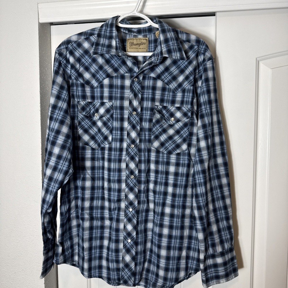 Wrangler Western Blue Plaid Pearl Snap Long Sleeve Pockets Large Men's Shirt‎